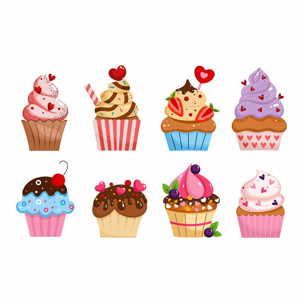 各种口味的彩色纸杯蛋糕集锦。可爱诱人的甜点。水果和巧克力糕点。为2月14日情人节设计的装饰插画集。图片下载