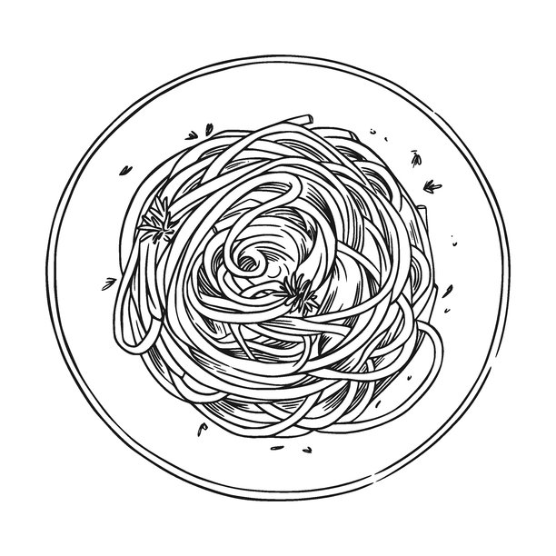 盘子里的意面配酱汁和香草。意大利面线描手绘矢量插画图片下载