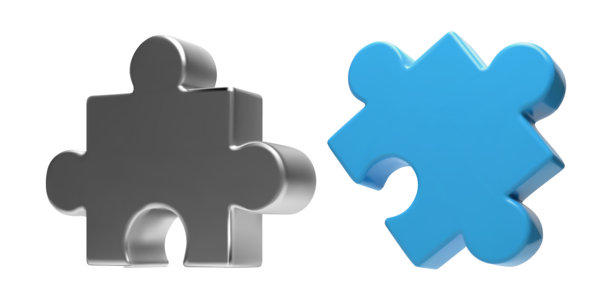 蓝色金属3D拼图图标集。团队商业解决方案的拼图。连接与联合，以实现合作战略。采用铬和塑料的等距渲染。用创意思维构建解决方案。图片下载