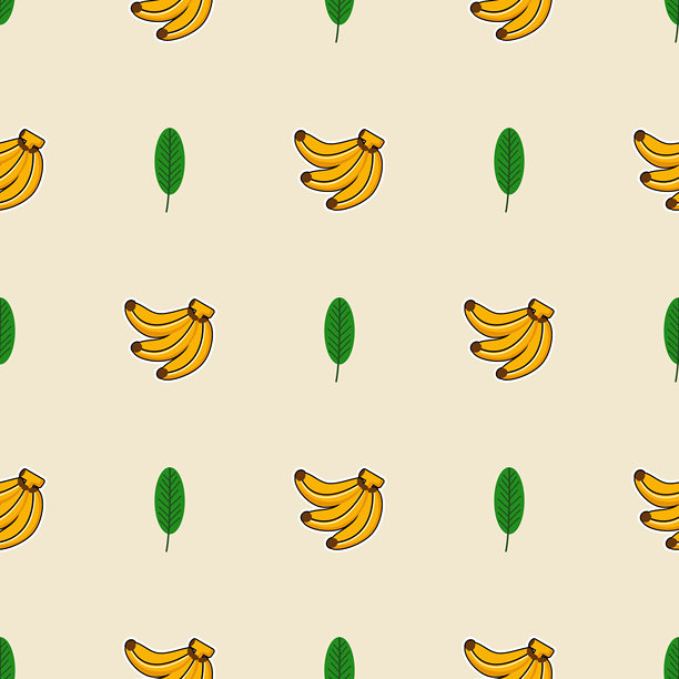 香蕉卡通形象非常可爱。叶子背景上的香蕉。无缝图案矢量插画。图片下载