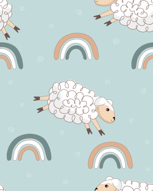 可爱的绵羊在彩虹间跳跃的无缝图案。白色的小羊羔、彩虹和星星组成的婴儿房背景。适用于印花、织物、纺织品、壁纸、包装纸的设计。矢量插画图片下载