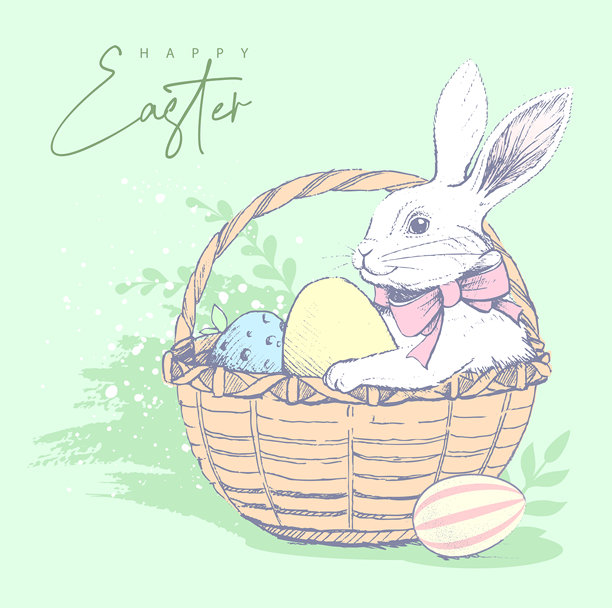 节日复活节艺术海报或贺卡，绿底上有兔子、篮子和彩色鸡蛋。矢量插画图片下载