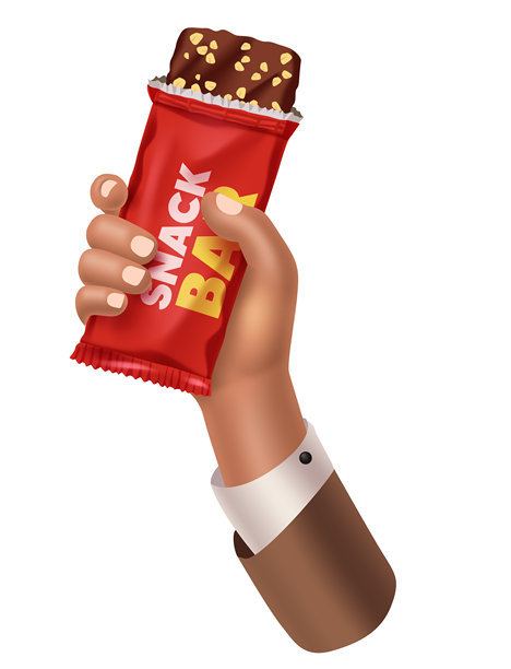 西装手持巧克力坚果零食棒的3D插画，适合健康休息图片下载