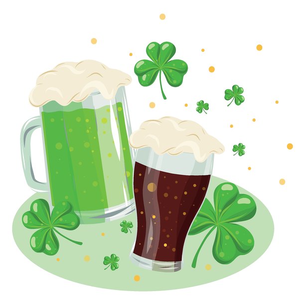 啤酒杯在盘子上，圣帕特里克节马克杯插画。节日绿色啤酒杯，爱尔兰啤酒和三叶草图形。帕特里克节啤酒图片下载