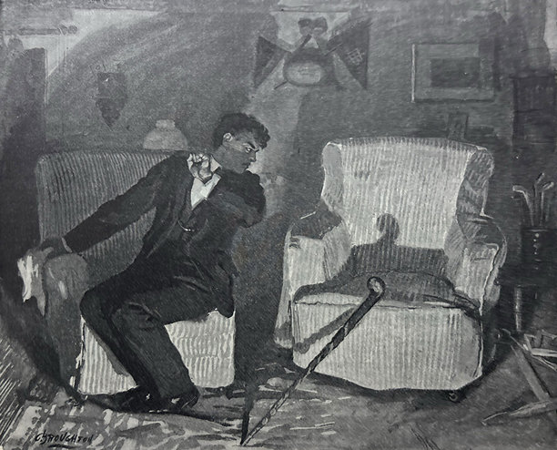 复古插画 - 男人坐在黑暗的房间里，看着椅子上的阴影图片下载