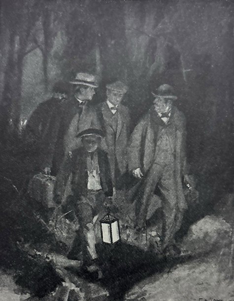 复古插画 - 男子提着灯笼在黑暗的森林中行走图片下载