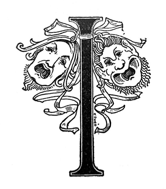 复古插画 - 字母I，周围装饰有戏剧面具图案图片下载