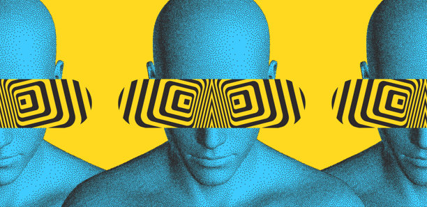 三位陌生人肩并肩站立，一幅怪诞的图像。迷幻眼镜，不寻常的配饰，一次迷幻的视觉体验。匿名的社交伪装。用于宣传册、海报、封面、传单的插画图片下载