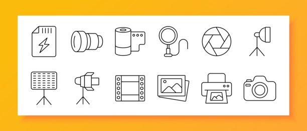 摄影套装图标。相机、镜头、闪光灯、灯光、胶片、相框、打印机、设备、照片、工作室、拍摄、光圈、三脚架、装置、对焦、曝光、图像、画廊、打印、技术图片下载