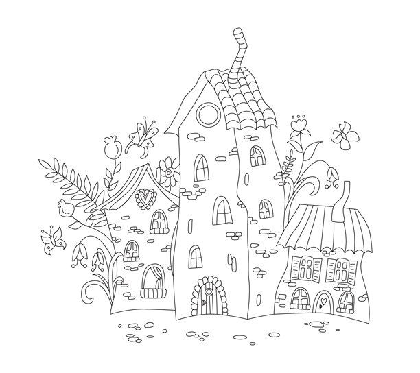 矢量黑白插画，描绘了带有花朵、叶子和蝴蝶的仙女小屋。用于成人和儿童减压着色的草图。可爱的徒手绘画填色页。线条艺术设计。图片下载