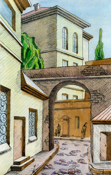 温馨的旧庭院，有拱门，水彩墨水插画。敖德萨庭院图片下载