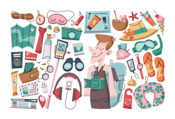 冒险生活方式和旅行贴纸套装，以背着背包的男性旅行者角色为特色图片下载