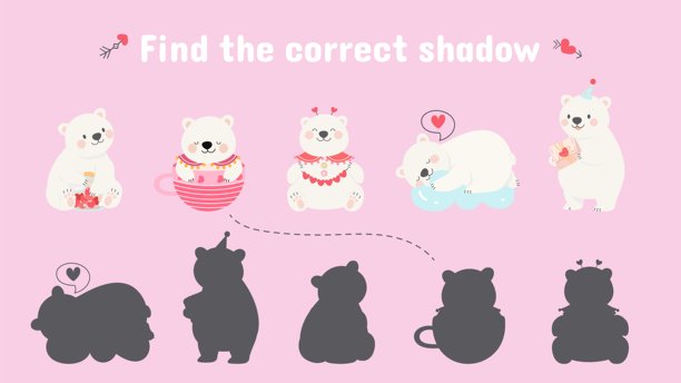 孩子们玩耍情人节北极熊。寻找正确的阴影、熊和阴影。有趣的野生动物浪漫角色，矢量模板图片下载