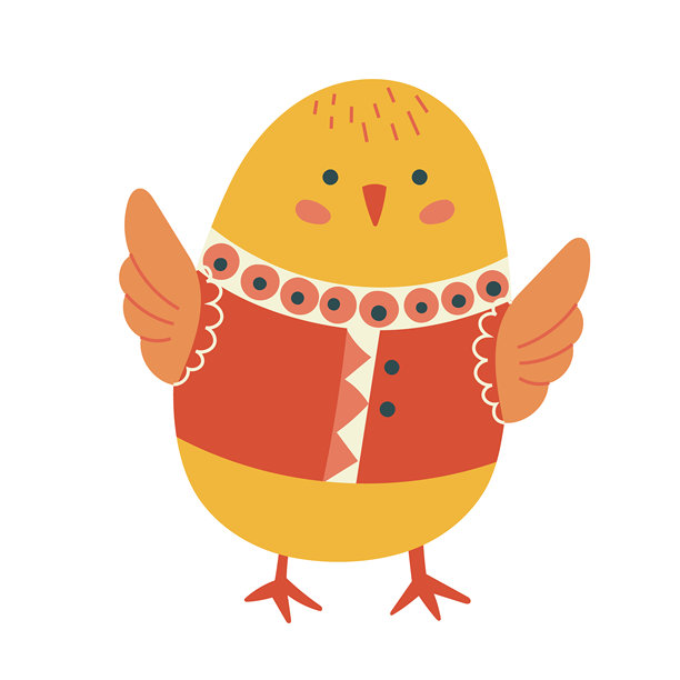 斯堪的纳维亚风格的手绘俏皮黄鸡。可爱的春天角色，带有民间细节。适合复活节贺卡、邀请函、儿童设计和季节性装饰的节日矢量插画。图片下载