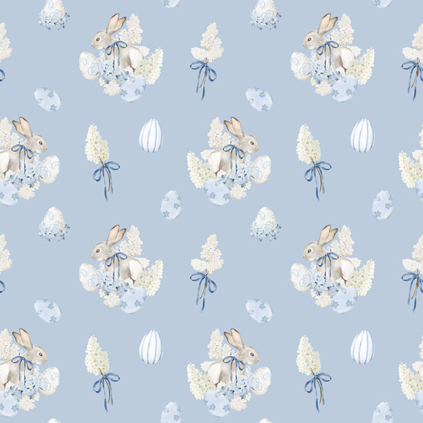 可爱的兔子、彩蛋、丝带和春天的花朵在蓝色背景上的无缝复活节图案。水彩插画。适用于面料、包装纸、儿童项目、卡片和季节性装饰。图片下载