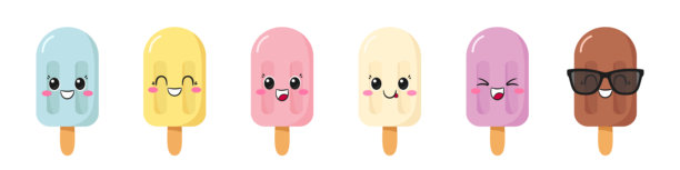 一套色彩缤纷的冰淇淋冰棒，可爱的趣味卡通形象，甜蜜的夏日甜点，快乐的笑脸，大眼睛，表达喜悦和快乐的情绪，可爱风格，图标矢量儿童插画。图片下载