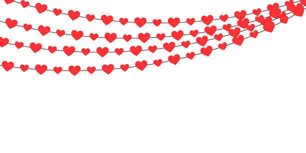 红心花环装饰，带有纸质风格的悬挂爱心，孤立在白色背景上，留有空白消息空间，非常适合情人节设计、婚礼文具和浪漫横幅图片下载