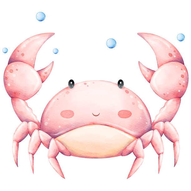 可爱的螃蟹与气泡，海洋动物角色水彩插画。图片下载