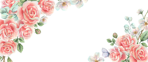 柔美的粉色玫瑰，搭配桉树叶和枝条。手绘水彩插画。用于春季节日设计和婚礼装饰的水平文本框模板。图片下载