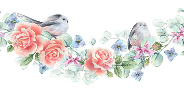 粉色玫瑰、山雀、桉树枝和可爱的蝴蝶结。手绘水彩插画。无缝花边图案，用于春季婚礼和节日设计的花环。图片下载