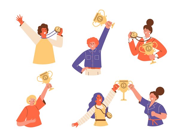 一套人物角色，手持金色胜利奖杯或奖牌，扁平化矢量插画，孤立在白色背景上。图片下载