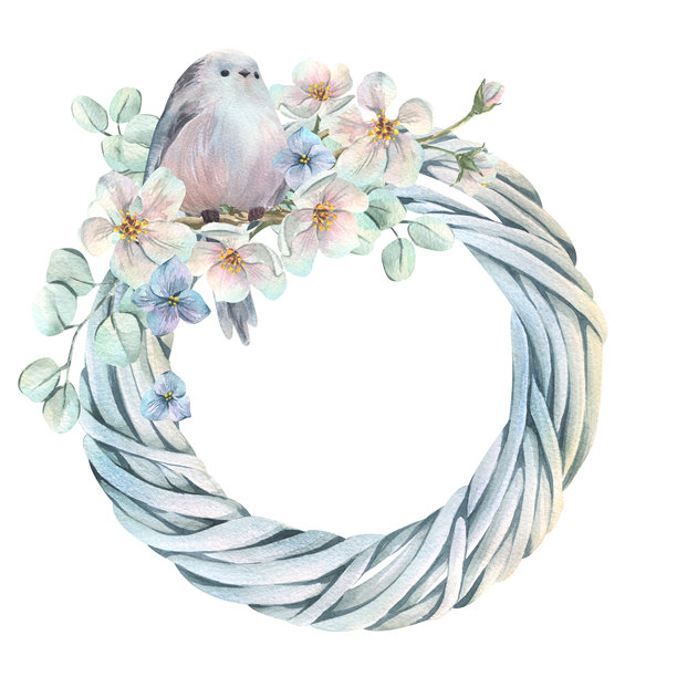 一个白色藤蔓花环，上面有一只长尾山雀，点缀着苹果花和绣球花。精美的淡彩手绘水彩插画。圆形边框，适合用于文字、春季婚礼和节日设计。图片下载