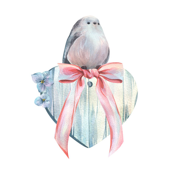 一只可爱的长尾山雀站在水彩木质心形礼物上，上面系着粉色丝带并点缀着勿忘我花。手绘插画，适用于春季贺卡、设计、装饰和印刷品。图片下载