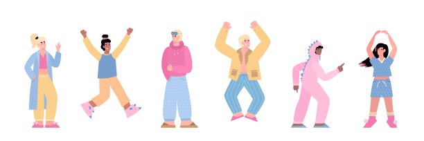 穿着睡衣的快乐朋友们在派对上玩耍，矢量插画图片下载