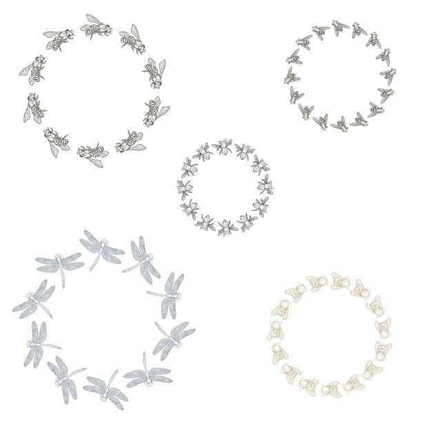 蜜蜂、大黄蜂、苍蝇和蜻蜓的圆形边框组合剪影。矢量插画。飞行的昆虫花环，孤立在黑色背景上。图片下载