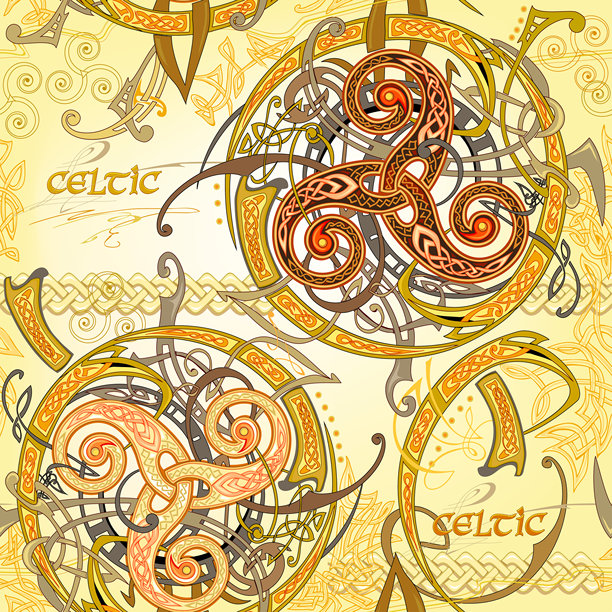 无缝花纹装饰。奇幻复古插画，包含古老北欧魔法图案、凯尔特结和三螺旋符号。适用于设计、织物、壁纸的奢华背景。手绘矢量图。图片下载