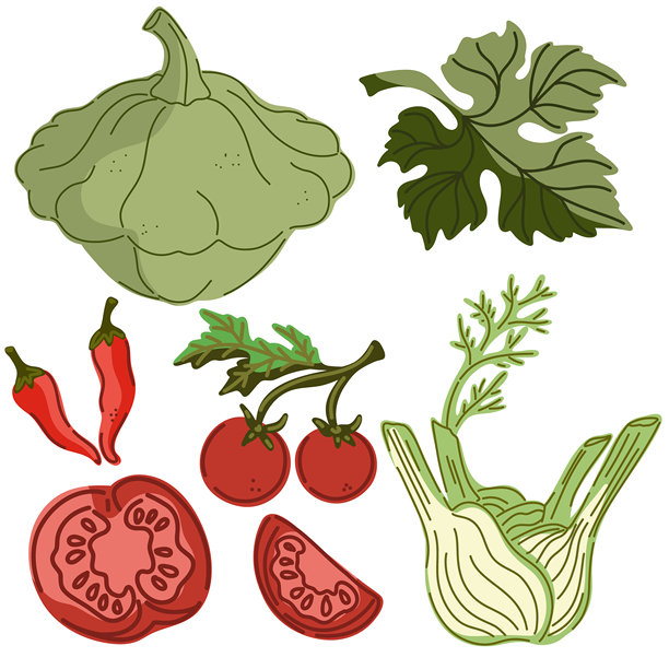 一套复古手绘插画，描绘食品。温馨的地中海卡通风格。孤立元素，打包图片下载