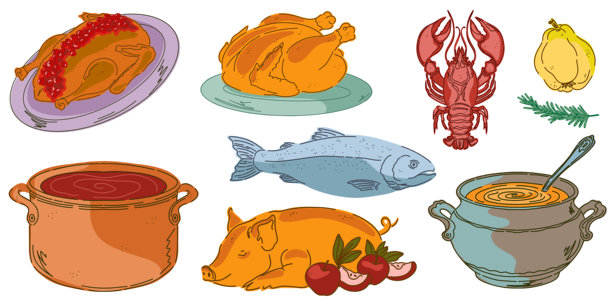 一套复古手绘插画，描绘食品。温馨的地中海卡通风格。孤立的元素，打包。图片下载