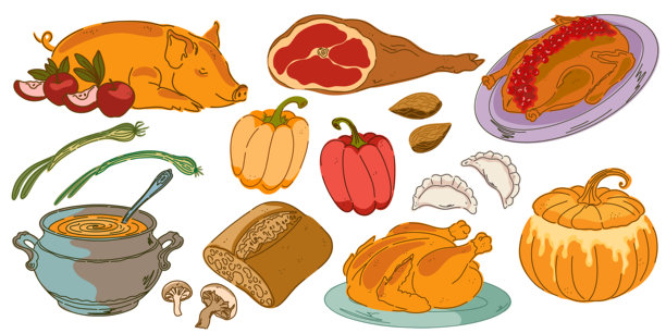 一套复古手绘插画，描绘食品。温馨的地中海卡通风格。孤立元素，捆绑包图片下载