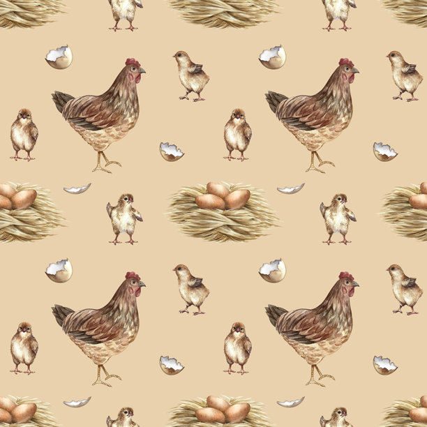 母鸡、鸡窝和小鸡的无缝图案。手绘水彩插画。背景为浅棕色。非常适合农场项目、纺织品、包装、壁纸等。图片下载