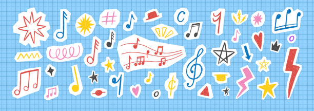 柔和色蜡笔素描的音符与纹理涂鸦混合在一起，构成一幅迷人的手绘拼贴画。矢量插画。图片下载