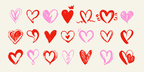 手绘复古风云朵、红粉爱心图标。涂鸦墨水爱心符号。马克笔浪漫涂鸦标志，非常适合情人节贺卡、邀请函、婚礼、海报、网页。矢量插画图片下载
