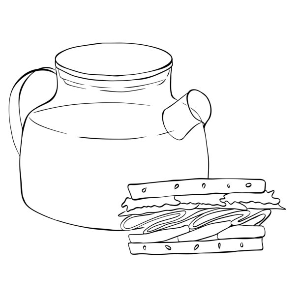 夏日午餐柠檬水壶、三明治和汉堡矢量插画构图，手绘插画。矢量图形线条墨水黑白艺术。适用于标志、网页、包装、贴纸。图片下载