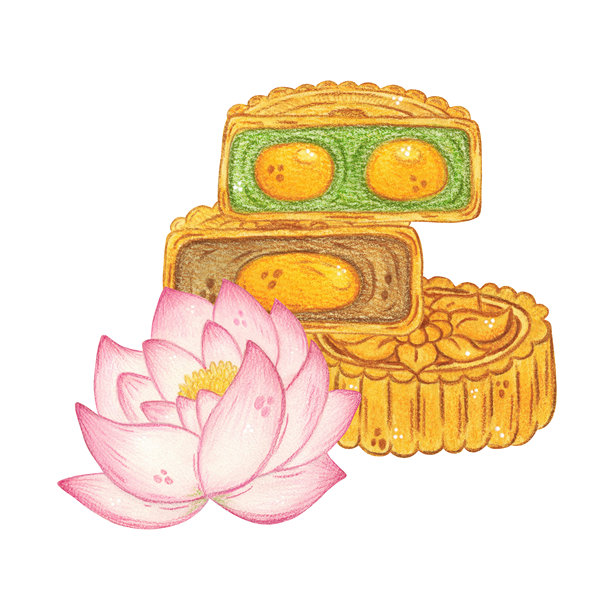 莲花与叠放的月饼。手绘水彩插画，卡通风格。适用于贴纸、海报、卡片、剪贴簿设计。中秋节，节日，亚洲，食物，甜点，零食，传统图片下载