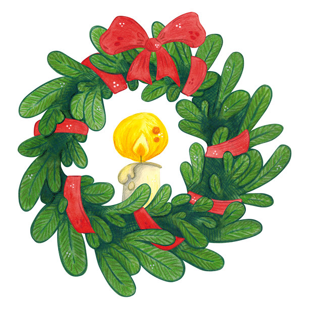一个带有红色丝带和蜡烛的杉树圣诞花环。手绘水彩插画，卡通风格。适用于贴纸、海报、卡片、剪贴簿的设计。圣诞节，节日，装饰，植物图片下载