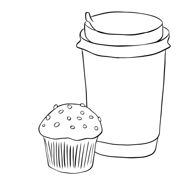 咖啡和饼干松饼的插画，手绘插画。矢量线条墨水黑白艺术。适用于时尚图形、纺织品印花、面料、壁纸设计。图片下载