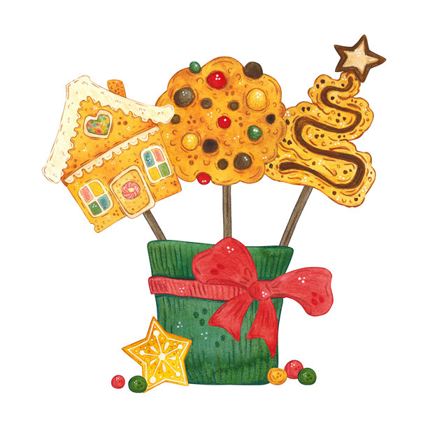 绿罐子里的姜饼人棒棒糖，系着红色丝带。手绘水彩插画，卡通风格。适用于贴纸、海报、卡片、剪贴簿设计。圣诞节、节日、美食、食品、糖果图片下载