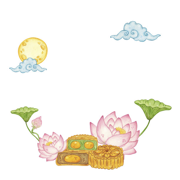 一幅包含月饼、荷花、荷花苞、荷叶、月亮和云彩的构图。手绘水彩插画，卡通风格。适用于贴纸、海报、卡片、剪贴簿设计。中秋节，亚洲。图片下载