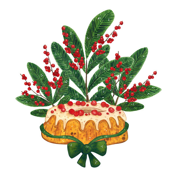 带有松针和红浆果枝条的纸杯蛋糕。手绘水彩插画，卡通风格。适用于贴纸、海报、卡片、剪贴簿的设计。圣诞节、节日、装饰、植物图片下载