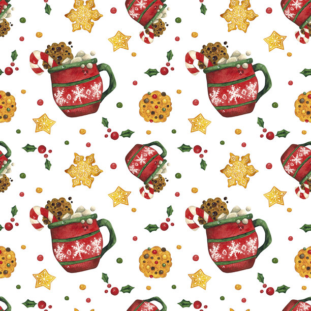 可可杯、棉花糖、饼干和姜饼的无缝图案。手绘水彩插画，卡通风格。海报、卡片和剪贴簿设计。圣诞节、节日、装饰、植物图片下载