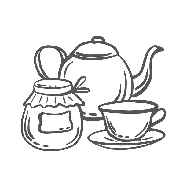 茶壶、带碟子的杯子和果酱或蜂蜜罐的矢量图。餐桌摆设物品。手绘孤立的餐具涂鸦。用于设计菜单的黑白剪贴画，乡村风格。图片下载