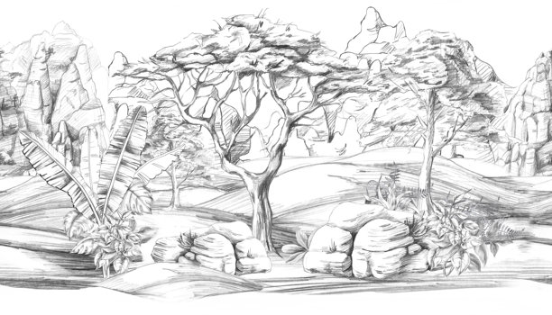 热带风光无缝边框，包含树木和山脉。适用于家居和酒店内饰、花店及旅行社的独立铅笔插画。图片下载