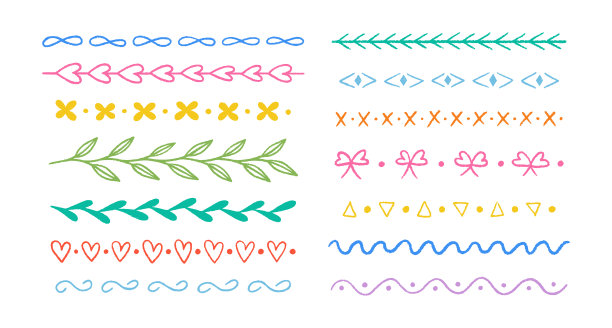 蜡笔套装，包含彩色装饰线条和分隔符，矢量插画图片下载