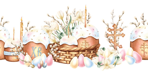 东正教复活节节日无缝边框，包含春季花卉、库里奇蛋糕、蜡烛、宗教十字架、彩色复活节彩蛋、柳枝。精美的水彩手绘插画，适合装饰。图片下载