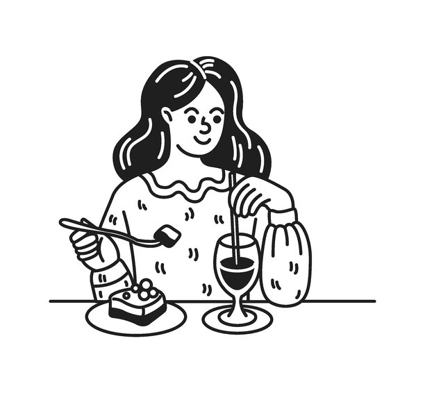 一位微笑的女性享用甜点的插画图片下载