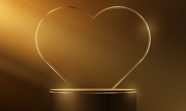 黑色和金色背景上带有心形和可爱金色3D心形元素的空金色领奖台。适用于妇女节、情人节、生日或婚礼的礼品包装或贺卡。矢量插画。图片下载